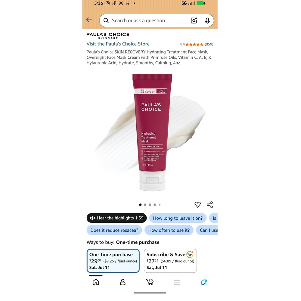 Paula's Choice Skin Recovery Hydrating Treatment Mask Borage Oil 4oz New Sealed